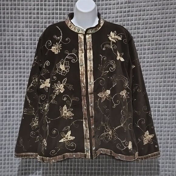 Brown Embroidered Floral Velvet Jacket SzXL Chicos 3 Gold Asian Beaded Boho Glam - Picture 3 of 16
